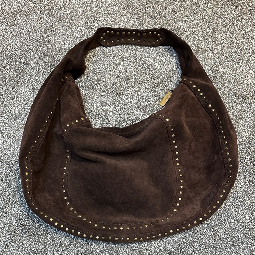 Kooba Chocolate Brown Suede Hobo Bag with brass rivet accents